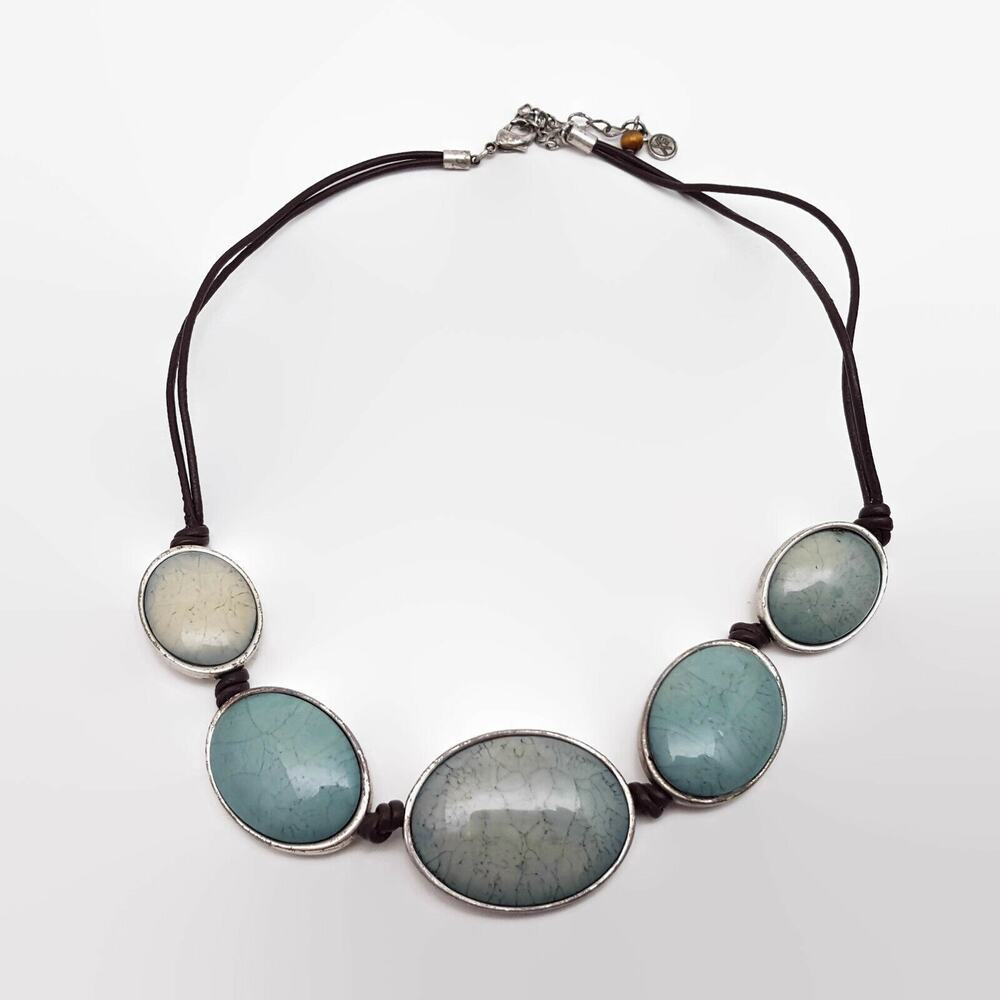 Xc Pale Blue Glass Cabochon Brown Corded Necklace
